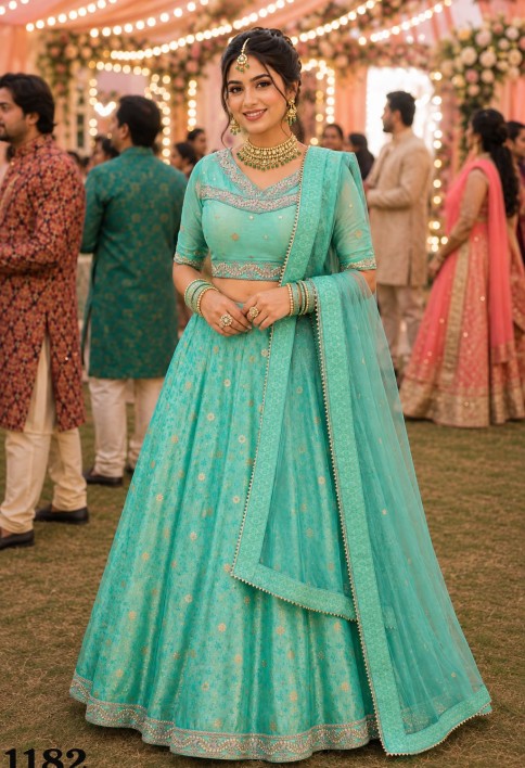 Embroidered Work Viscose Lehenga Choli In Sea Green Colour